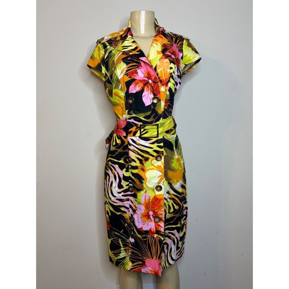 VINTAGE CACHE BELTED FLORAL MULTICOLOR BUTTON DRESS SIZE 4